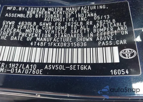 2013 Toyota Camry Xle z USA, uszkodzony, nr VIN 4T4BF1FKXDR315636